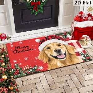 VIKAMA Christmas Cute Golden Retriever Print Floor Mat Winter Anti-Slip And Dirt-Proof Washable Bathroom Carpet Home Decor