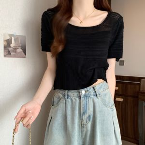 French Style Knitted Ice Silk Short Sleeve T-Shirt for Women Large Size Casual K-Style Crewneck Summer Clothing