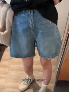 Blue Frayed Hem Denim Shorts Womens High Waist Slim A-Line Wide Leg Five-Quarter Pants Autumn New plus Size Pear Shaped Body