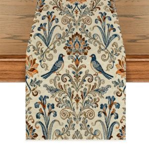 VIKAMA Retro Linen Table Runner Morris Plant Print Classic Art Style Afternoon Tea Studio Table Decoration