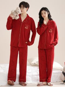 Cotton Pajamas Couple New Home Clothes Set Womens Style Red Celebration Pure Cotton Long Sleeve Sleepwear for Men And Women