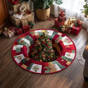 :VIKAMA 3D Illusion Christmas Round Rug Gift Box Hole Print Non Slip Floor Mat For Bedroom Xmas Home Party Holiday Decoration