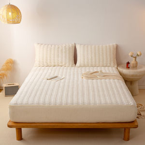 ผ้าปูที่นอนพอดีขนแกะนมสีทึบผ้าคลุมเตียงนอนฤดูหนาวผ้าคลุมฟูกผ้าปูที่นอนพอดีปะการังขนแกะผ้าคลุมที่นอนหนึ่งชิ้น