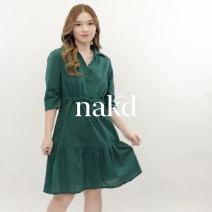 NAKD FASHION DARRAH 3/4 SLEEVES COLLAR COTTON LINEN BASIC CASUAL SKATER LAYERED DRESS FOR WOMEN D002