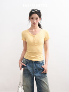 BAIDAIFEI | Henley Collar Short Sleeve T-shirt Tight Waist Slimming Shirt