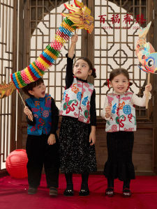 Sonnykids Chinese Style New Year Clothes for Boys And Girls Cotton Filled Embroidered Magic Pattern Vest Autumn Winter Kids Clothes