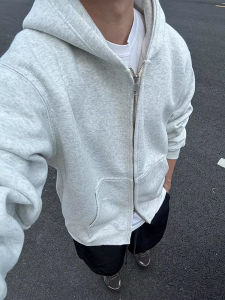 American Style Heavyweight White-Gray Fall Hoodie Male Loose Boxy Casual Jacket