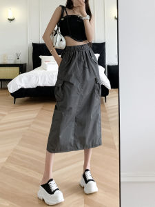 High-Waist A-Line Grey Work Dress for Women Easiest to Match Midi Skirt with Pocket Polyester Fabric Retro American Style