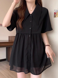 เสื้อเชิ้ตเกรดดีเยี่ยมฝรั่งเศสทรงหลวมสำหรับผู้หญิงสีดำแขนสั้นผ้าชีฟองขนาดพิเศษ100กก. ฤดูร้อน