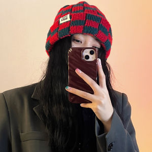 หมวกถักลายตารางหมากรุก ผู้หญิง ฤดูหนาว แฟชั่นหัวใหญ่ ขนสัตว์ คริสต์มาส Small Face Effect Capsule ฤดูใบไม้ร่วง ฤดูหนาว สไตล์เกาหลี