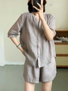 Cotton Linen Shorts Suit 2024 Fashion New Arrival Summer Casual K-style Middle-Aged Ladieswear Loose Shirt Two-piece Set