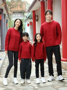 Red Twisted Sweater Family Matching Clothes Childrens Casual Wear Mommy And Me Outfits Autumn Winter Warm Knitwear for Three Generations