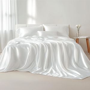White Minimalist Luxury Washed Silk Bed Sheet Single Piece Summer Cool Feeling Ice Silk Duvet Cover Silk Pillowcase Set