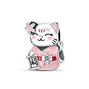 Chất Liệu Bạc 925 Kimono Cô Gái Mèo May Mắn Hạt Charm Mặt Dây Chuyền Nữ Tự Làm Vòng Tay Trang Sức Phù Hợp Với Ban Đầu Vòng Cổ Quà Tặng