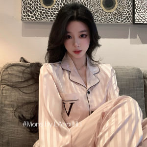 ชุดนอนผ้าไหมน้ำแข็งแขนยาวหลวมๆ หรูหรา ชุดอยู่บ้านสำหรับเด็กผู้หญิง ชุดนอนฤดูใบไม้ร่วง/ฤดูหนาว ชุดนอนฤดูร้อน ชุดนอนฤดูใบไม้ผลิ