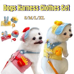 Pet Chest Strap Traction Rope Set Cartoon Dog Cat Outdoor Harness Leash Set  Sunshade Hat