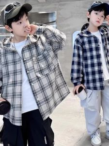 Childrens Plaid Shirt Spring Autumn Light Long Sleeve Sun Protection Hooded Thin Cotton Casual Style Boys Fashionable Shirt
