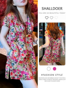 Shalldoer | Áo sơ mi nữ tay ngắn dáng rộng họa tiết hoa phong cách Trung Hoa mới thời trang mùa hè đa năng cổ chữ V thường ngày
