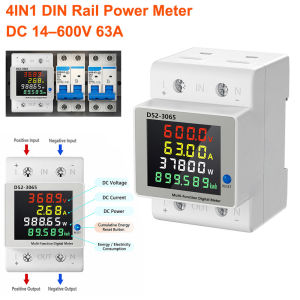 4IN1 DIN Rail Power Meter DC 14–600V 63A Energy Meter Voltage Current Power Factor Active KWH Electric Energy Frequency Meter