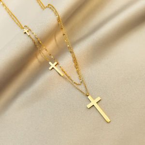 BESFOME high fashion gold jewelry 18k gold filled stainless steel double layer cross necklace for women