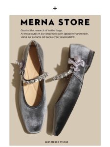 Merna Velvet Square Head Mary Jane Shoes Womens Flat Bottom Leather Version One Strap Rhinestone Low Heel Fashion Single Shoes