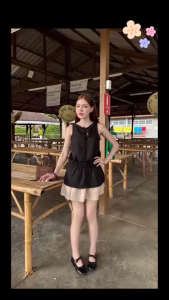 TW21899 เดรสสั้น แขนกุด ผูกอก ยางยืดรอบเอว เนื้อผ้าสลาฟ นุ่ม มีน้ำหนัก