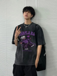 Retro American Washed Pure Cotton Short Sleeve T-Shirt for Teen Boys Loose Fit Summer Trendy Brand Breathable Printed round Neck