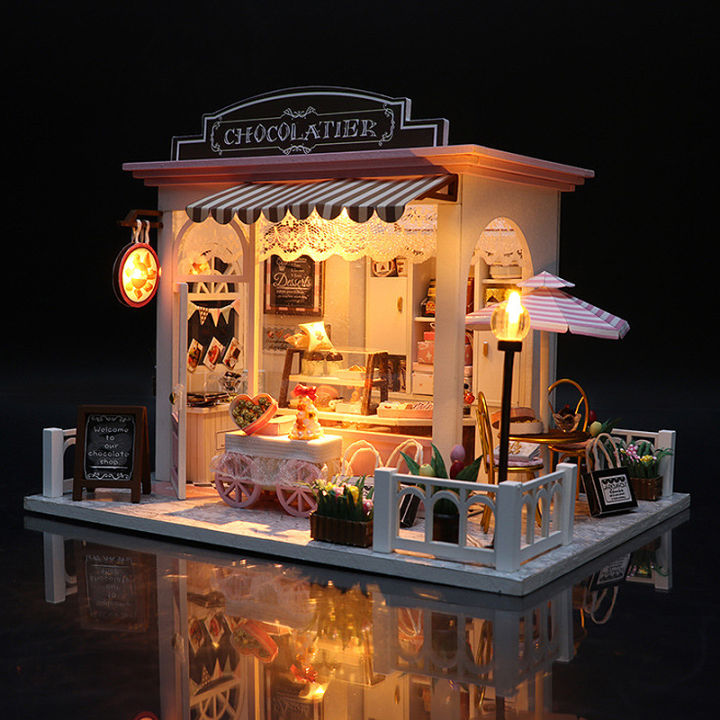 บ้านตุ๊กตาเล็กไม้ DIY ขนาดเล็กชุดบ้านหลังเล็ก3D ปริศนาตัวต่อโมเดลอาคารของเล่นบ้านพร้อมเฟอร์นิเจอร์ให้แสงสว่างของขวัญ