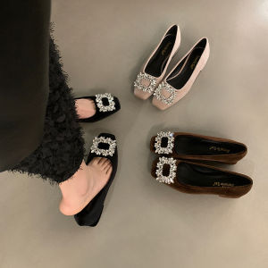 Block Heel French Rhinestone Temperament Single Shoes Womens Shoes Spring and Autumn Black Square Toe Premium Sense Commuter Shoes