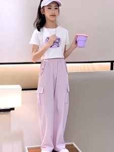 Summer Pants Wide Leg for Kids Girls Casual Ice Silk Cargo Pants Trousers Elasticated Waist Loose Pants 6-16 Years Old 4 Pocket Cargo Baggy Pants New Pants Aesthetic Korean Style130-160CM
