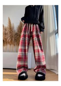 Quần Ống Đứng Kẻ Caro Lót Lông Cừu Cạp Cao Cho Nữ Quần Ống Rộng Dài Đến Sàn Quần Ống Đứng Giản Dị Thoải Mái