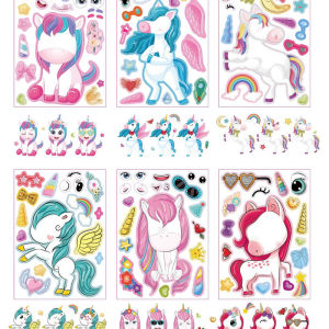 6/12PCS Unicorn Face Stickers DIY Kids Game Toys Unicorn Birthday Party Favor Gifts Children Rewards Stickers School Prizes Gift