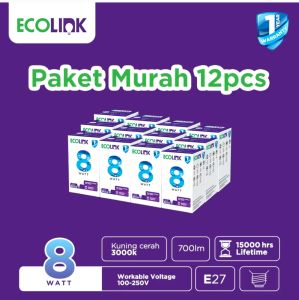 ( PAKET HEMAT ISI 12 PCS ) Ecolink Lampu Bohlam LED Bulb 8W 8 WATT Warm White 3000K Kuning Bergaransi 1 Tahun BAGUS KUALITAS TERBAIK
