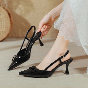 French Style Open-Toe Sandals Womens Summer New Large Size Pointed Toe Backless Single Shoes Red High Heels Thin Heel