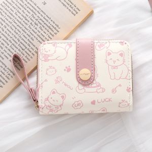 Cute Cartoon Cat Print Short Wallet for Women Folding Zipper Coin Purse Card Holder Korean Style Youth PU Leather Wallet