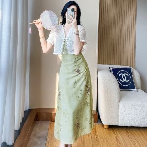 SUYE | Slimming High-Waist Retro Lace and Floral Summer Dress Set