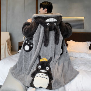 ชุดนอนผู้ชายคอตตอนพิมพ์ลายการ์ตูนขนแกะสีฟ้า กางเกงขายาว แขนยาว หนา อบอุ่น ฤดูใบไม้ร่วง/ฤดูหนาว เสื้อคลุมกันหนาว