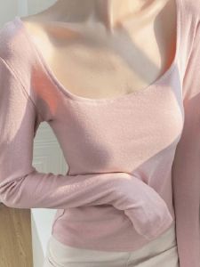 LUOFEN | เสื้อชั้นในสีชมพู แขนยาว คอต่ำ รัดรูป