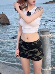 Váy Ngắn Chữ a Bó Sát Thêu Họa Tiết Quân Đội Gợi Cảm Mùa Hè 2025 Váy Ngắn Cạp Thấp Thêu Họa Tiết Sọc Camo Phong Cách Công Sở Cổ Điển