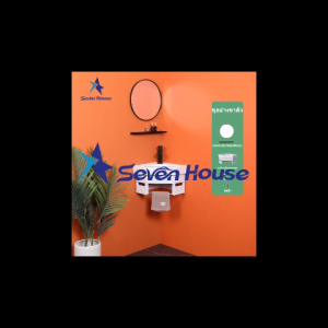 อ่างล้างหน้าเซรามิก สามเหลี่ยม ขนาดเล็ก อ่างล้างหน้าแบบแขวน ดำ-ขาว พร้อมกระจกโค้ง+ชั้นวางของ กันน้ำ แข็งแรง ทนทาน สำหรับคอนโด บ้านจัดสรร (2 ขนาด)​