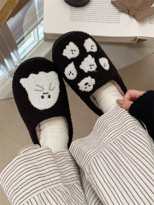 รองเท้าแตะผ้าฝ้ายอบอุ่นลายสีขาวสีดำ รองเท้าแตะผู้ชายและผู้หญิงสำหรับใส่ในบ้านในฤดูหนาว รองเท้าแตะผ้าขนสัตว์น่ารักสำหรับผู้ใหญ่