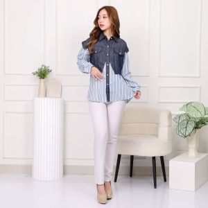 Chira Blouse Mix jeans rompi katun salur kantung dua lengan panjang