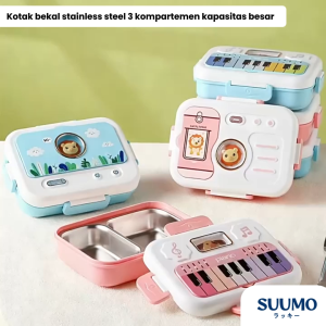 Suumo Kotak Bekal Makan Siang Stainless Steel 304 Kedap Udara Free Peralatan Makan 3 Kompartemen