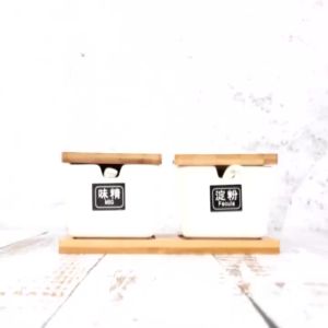 BOSSLU Tempat Penyimpanan Bumbu Dapur Dan Tempat Penyimpanan Oil Vinegar Keramik Dengan Nampan Kayu