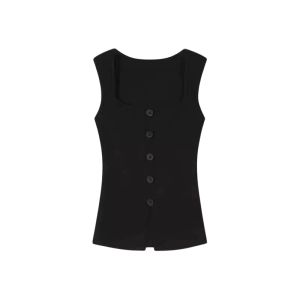 YUEZHONGWEI | Áo ba lỗ dệt kim lụa đen ôm vừa vặn cho nữ mùa hè Áo khoác ngoài thiết kế cổ vuông hở lưng thời trang công sở thường ngày