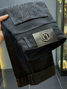 Mens Pure Black Rhinestone Embellished Fleece Lined Thickened Slim Fit Cone Shaped Ankle Warm Casual Jeans American Style