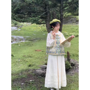 New Chinese Style Heavy Industry Recovery Print round Neck Button up Vest Dress Set Hanfu Womens Fashion Spring Polyester