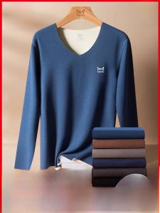 miiow | Thickened Fleece Warm Underwear Set For Men V-neck Long Sleeve One-piece Design Youthful Style Polyester Fiber Spandex Elastic