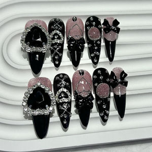 10PCS Y2K Gyaru Kei Black Pink Long Tip Handmade Press On Nails Jirai Bow Love Diamonds Glitter Fake Nails Kawaii Dark Nail Art