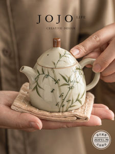 Traditional Chinese Style Ceramic Tea Pot Single Pot Household Use Hand-Painted Green Bamboo Design by JOJOS L. PD.